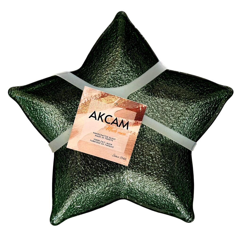 Akcam Green Glitter Star Shaped Glass Christmas Appetizer Plates 7" Set of 4 New